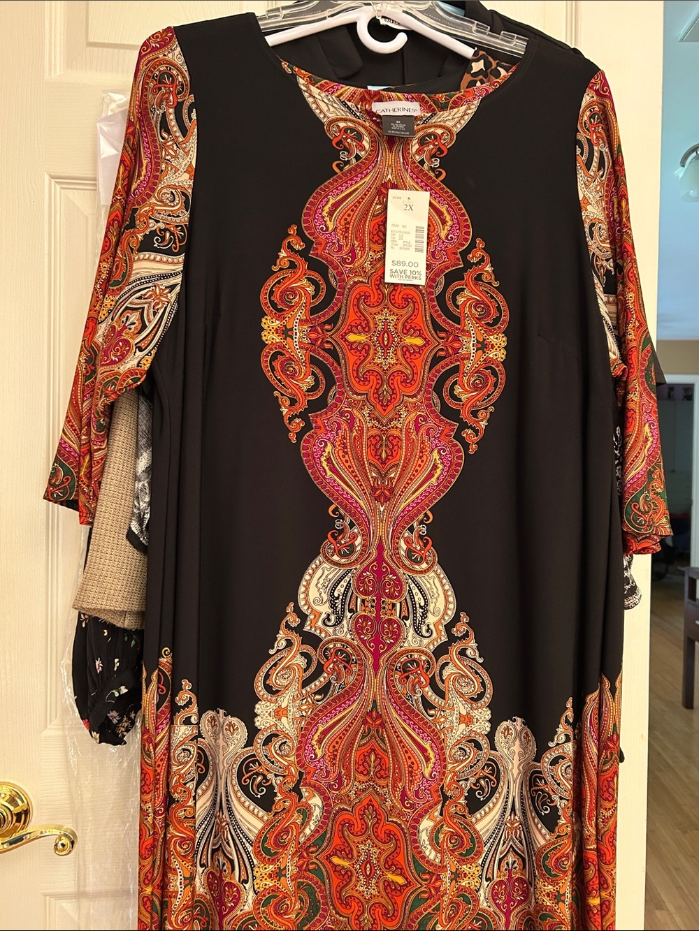 Catherines Black Long-Sleeve Dress with Red, Orange & Pink Paisley